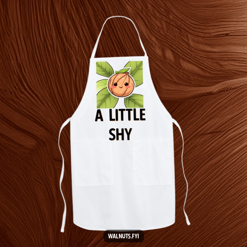 Funny apron with a blushing walnut shyly peeking from behind a leaf, ready for kitchen fun.