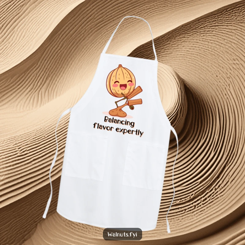 Funny apron illustration of a thrilled walnut balancing a tiny branch of cinnamon, ready for culinary adventures.