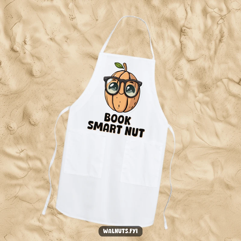 Funny apron showcasing a walnut character wearing reading glasses, perfect for cooking with smarts.