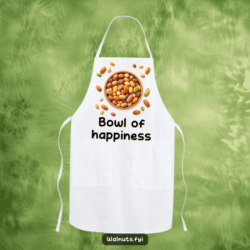 Funny apron showcasing a bowl brimming with colorful nuts, perfect for cooking with a playful theme, a funny gift.