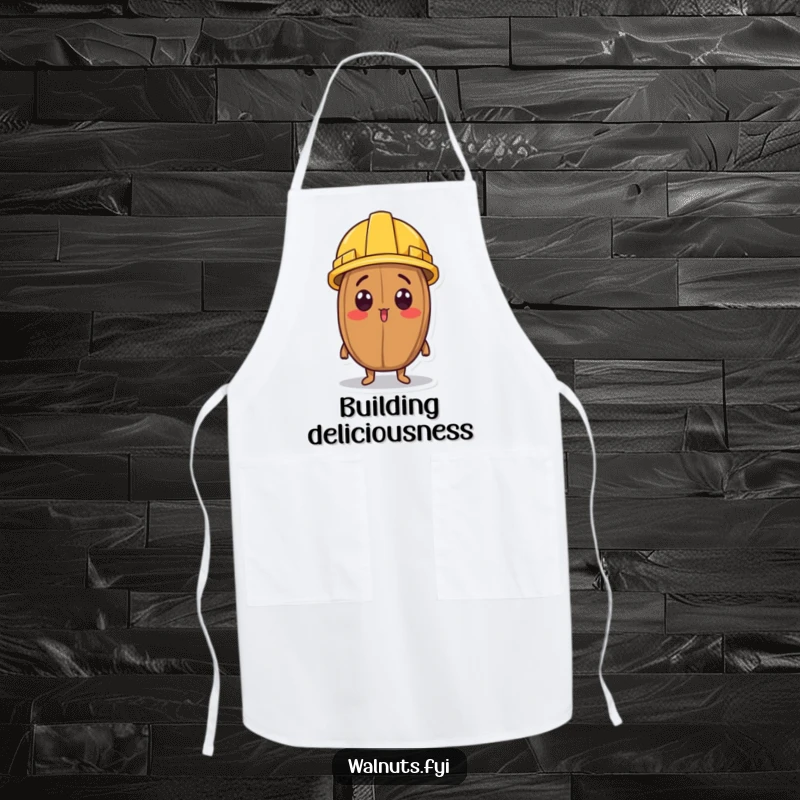 Funny apron showing a surprised walnut character wearing a small construction helmet and looking up.