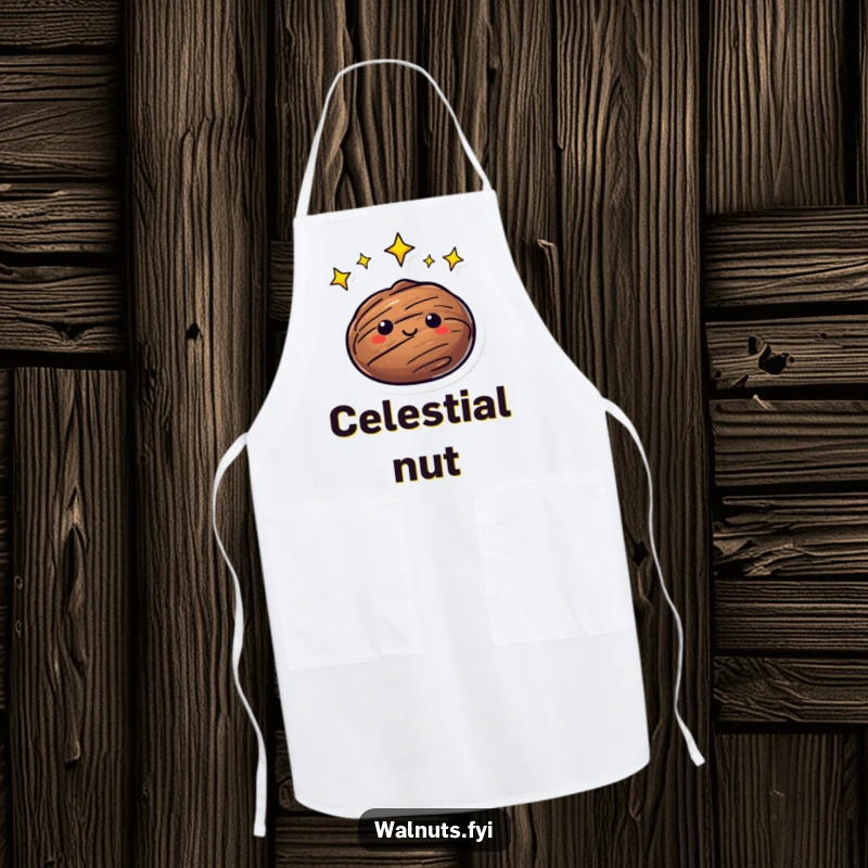 Funny Apron showcasing a walnut character with twinkling stars orbiting its head, perfect for celestial-inspired culinary adventures.