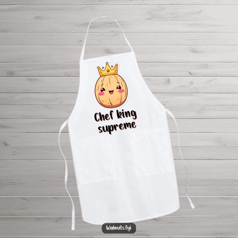 Funny Kawaii walnut apron showing a smiling walnut character wearing a tiny crown, great for cooking.