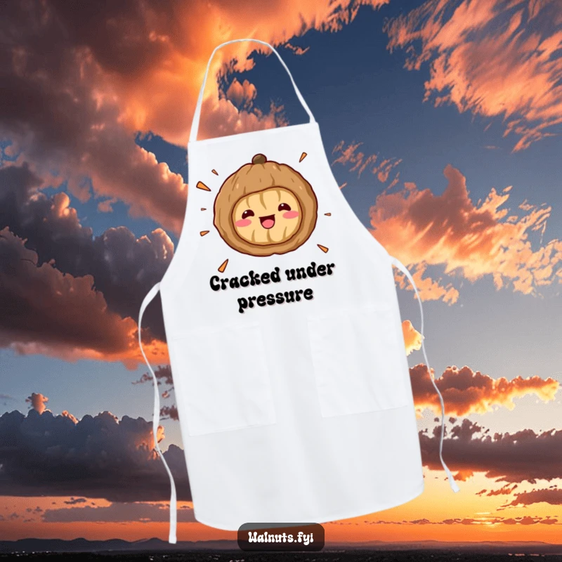 Funny Kawaii Walnut Surprise Apron: A cartoon walnut splits open with wide eyes, shell fragments flying humorously, ready for kitchen duty.