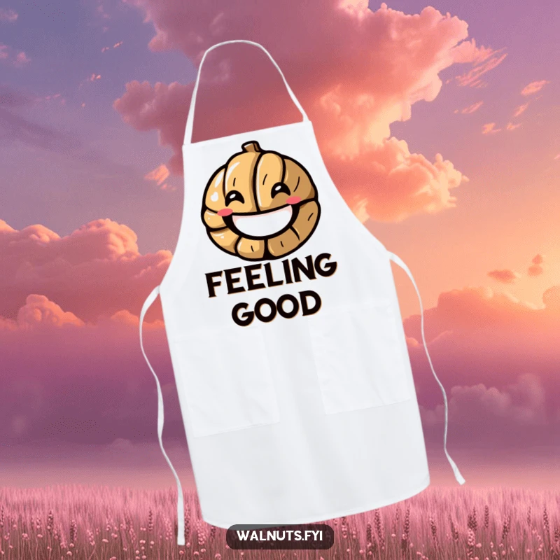 Funny apron showcasing a stylized walnut cracking into a smile, perfect for cooking with cheer, a funny gift.