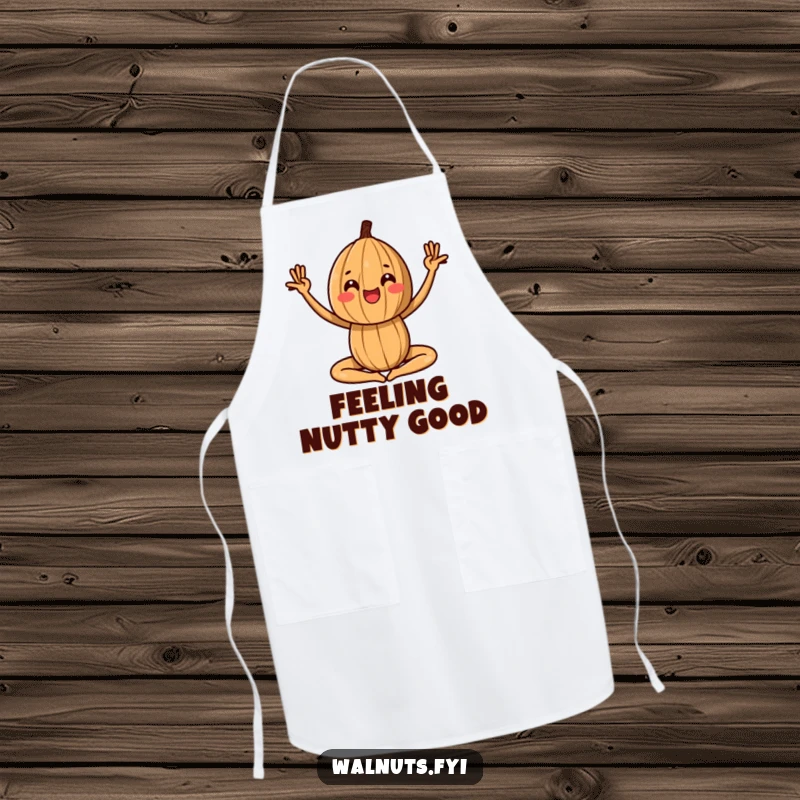Funny apron showcasing a walnut in a yoga pose, perfect for cooking with mindful humor.