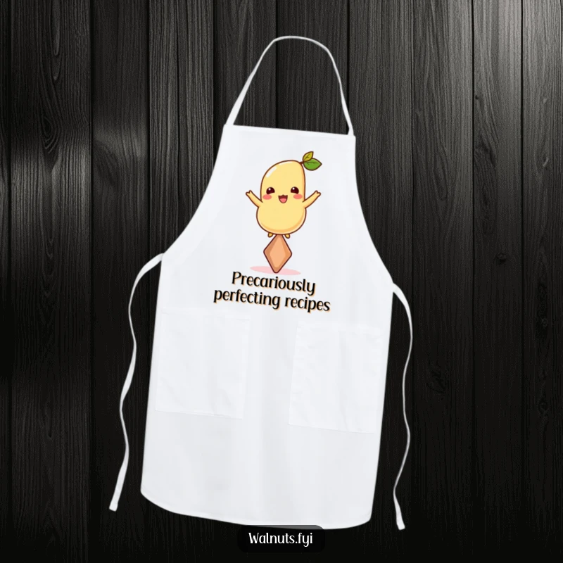 Funny apron with a cheerful cashew perfectly balanced on its point, offering culinary protection with a side of nutty humor.