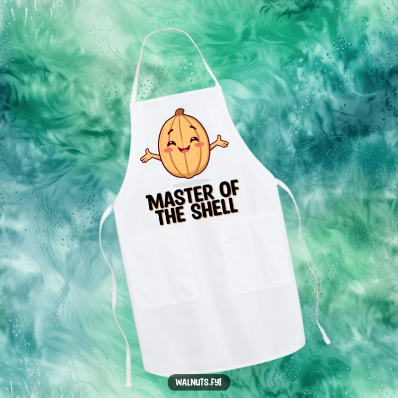 Funny kitchen apron showcasing a smiling walnut character striking a confident pose with outstretched arms.