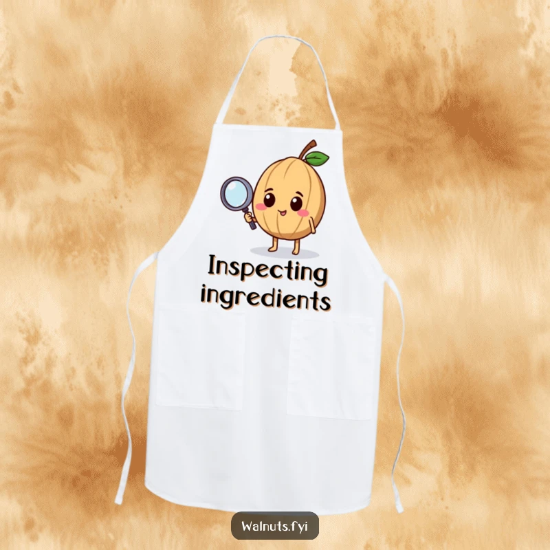 Funny apron with a curious walnut character holding a tiny magnifying glass, ideal for those who love to investigate recipes.