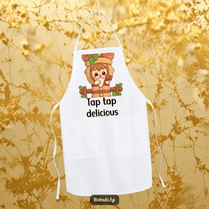 Funny apron illustrating a curious walnut character tapping a large nutcracker with a tiny mallet.