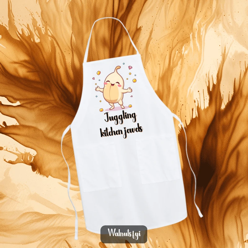 Funny apron with a happy macadamia nut juggling gemstones, perfect for adding sparkle and protection to any cooking adventure.
