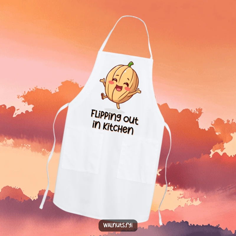 Funny apron featuring a cheerful walnut character doing a happy flip, a humorous and practical kitchen accessory.