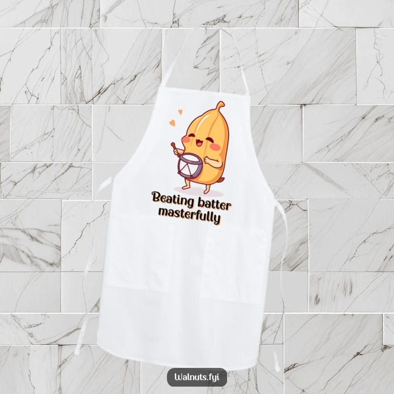 Funny apron showcasing a gleeful pecan playing a drum, perfect for adding humor and protection to any cooking or baking session.