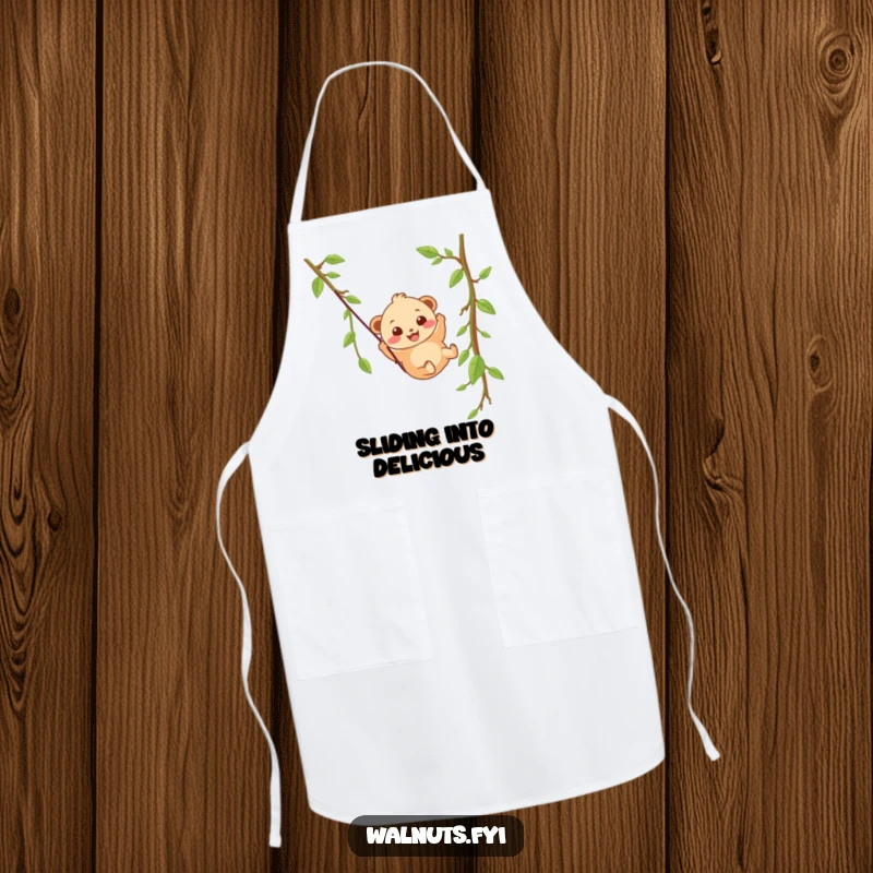 A wobbly beige hazelnut character with a happy grin slides down a vine zipline on this humorous apron.