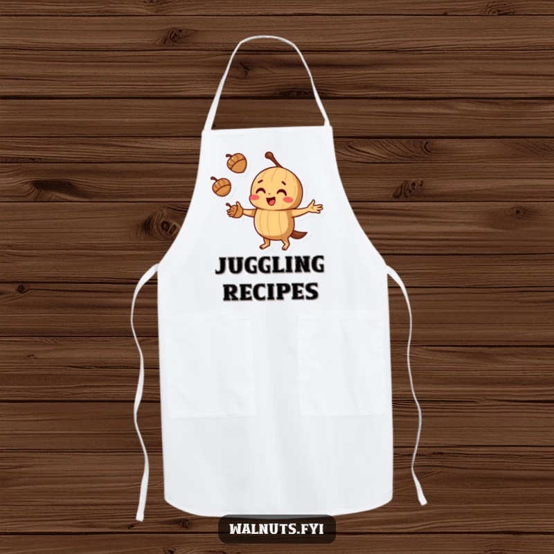 Durable funny juggling walnut apron showing a walnut juggling acorns with playful concentration, ideal for kitchen fun.