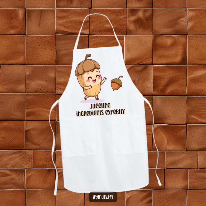 Funny apron featuring a playful walnut character juggling a small acorn, a humorous and practical kitchen accessory.