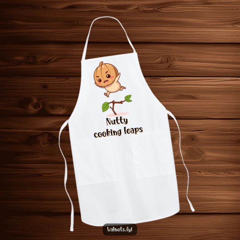 Funny determined walnut character leaping over a twig on a durable and humorous cooking apron.