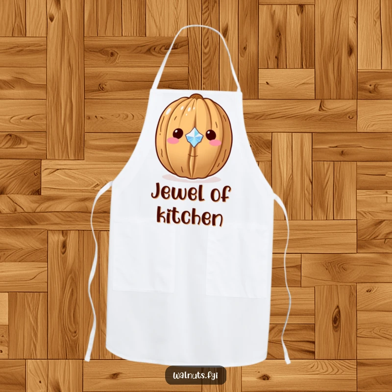 Funny Kawaii walnut apron, a walnut proudly displaying a tiny sparkling gem, perfect for kitchen flair and humor.
