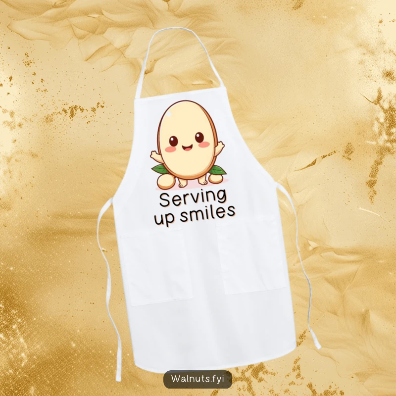 Funny apron with a happy Kawaii macadamia nut character offering a piece, perfect for sharing treats with a humorous touch.