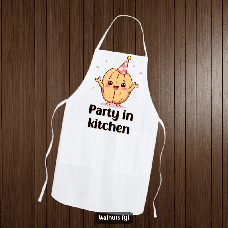 Funny Kawaii walnut apron, a delighted walnut cheering with a party streamer, perfect for festive kitchen use.