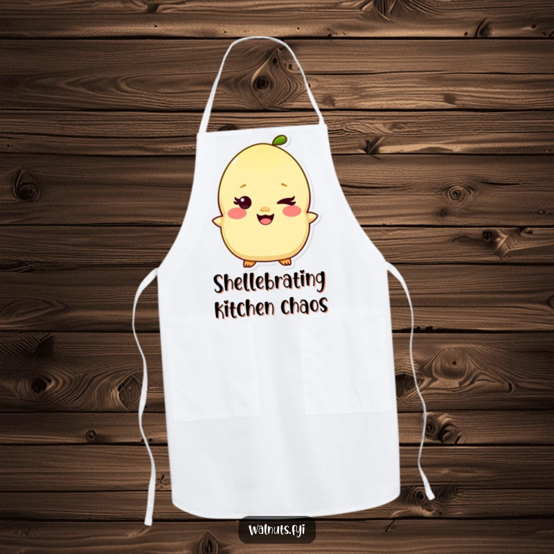 Funny Kawaii Pistachio Apron showing a giggling chef character with a mischievous wink, perfect for kitchen fun. Great funny gift.