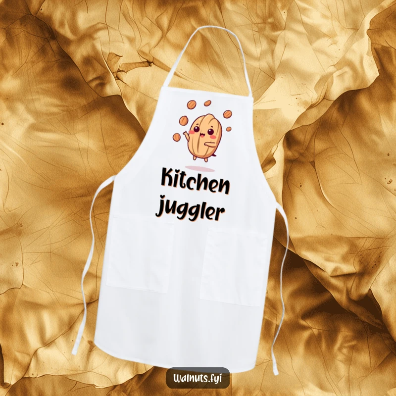 Funny Kawaii Walnut Juggling Apron: A cartoon walnut juggles small nut pieces with nimble dexterity, ready to assist in the kitchen with humor.