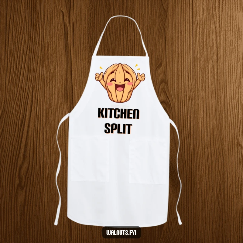 Funny Kawaii Walnut Split Apron: A cartoon walnut performs a wide, triumphant split with a huge grin, ready to celebrate kitchen victories.