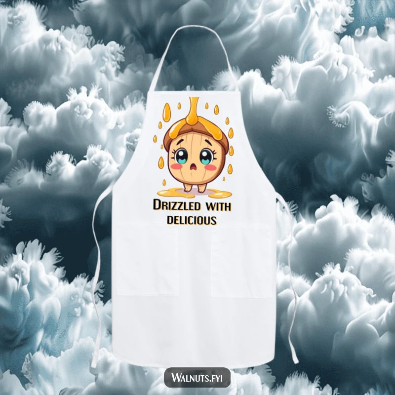 Funny tan pecan character with wide eyes gets showered by sweet syrup on this humorous kitchen apron.