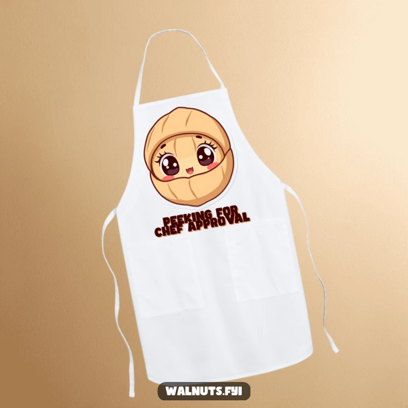 Funny apron with a cute walnut character peeking out from its shell with wide, excited eyes.