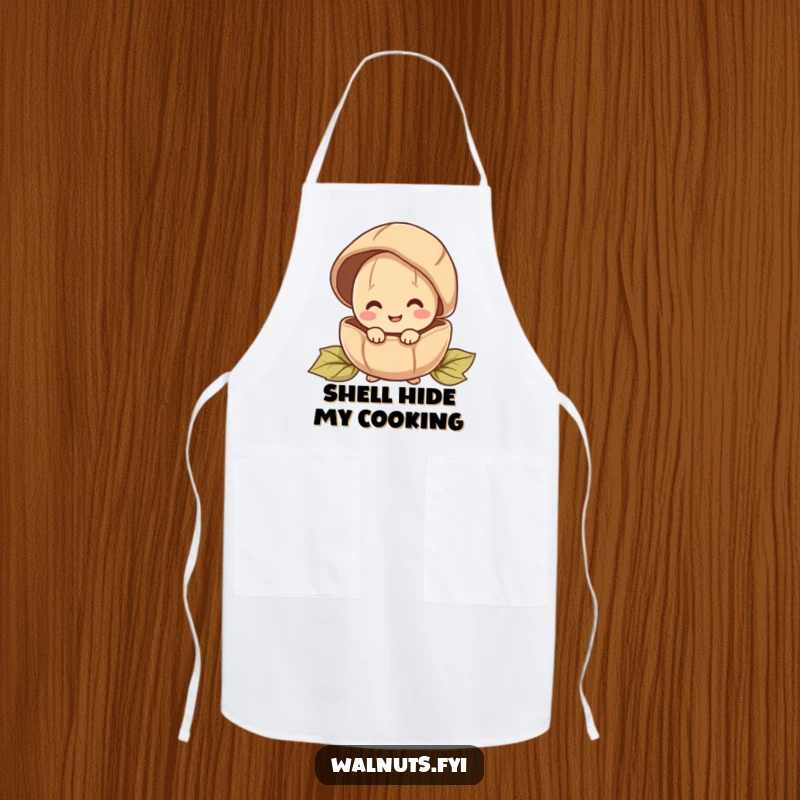 Funny kitchen apron showcasing a happy walnut character peeking out from behind a large shell, great for cooking.