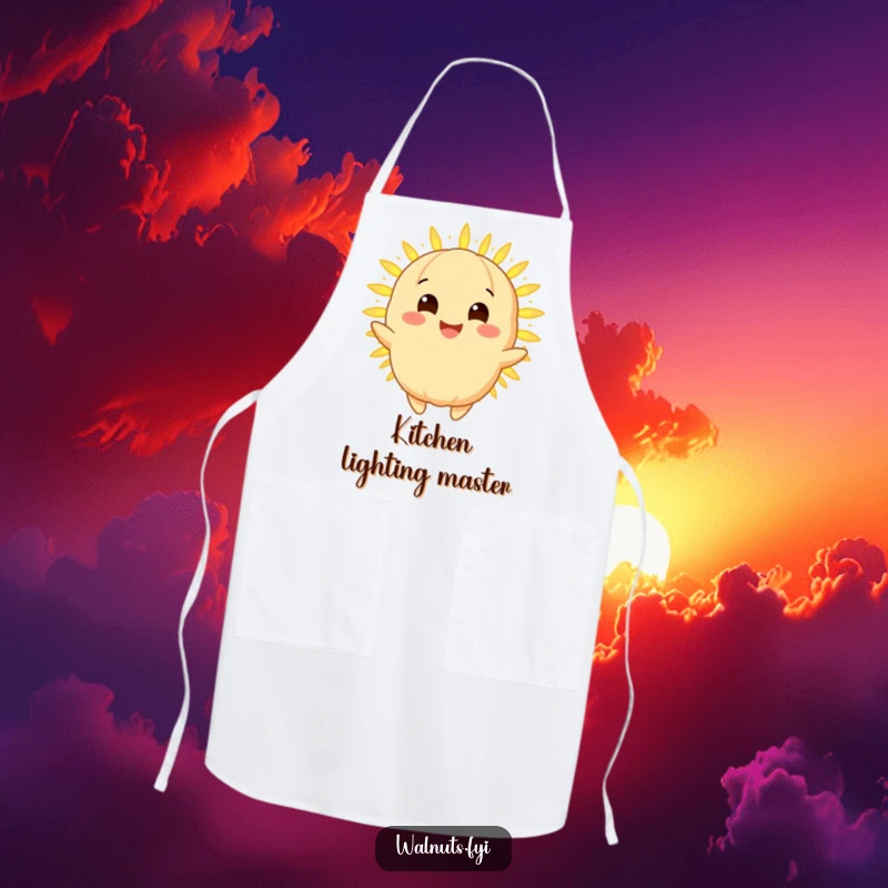 Funny macadamia nut apron with a radiant smiling golden character emitting a warm glowing light, perfect for a humorous kitchen accessory.