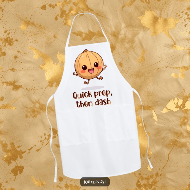 Funny apron featuring a smiling walnut character with tiny legs scampering energetically, a humorous kitchen accessory.