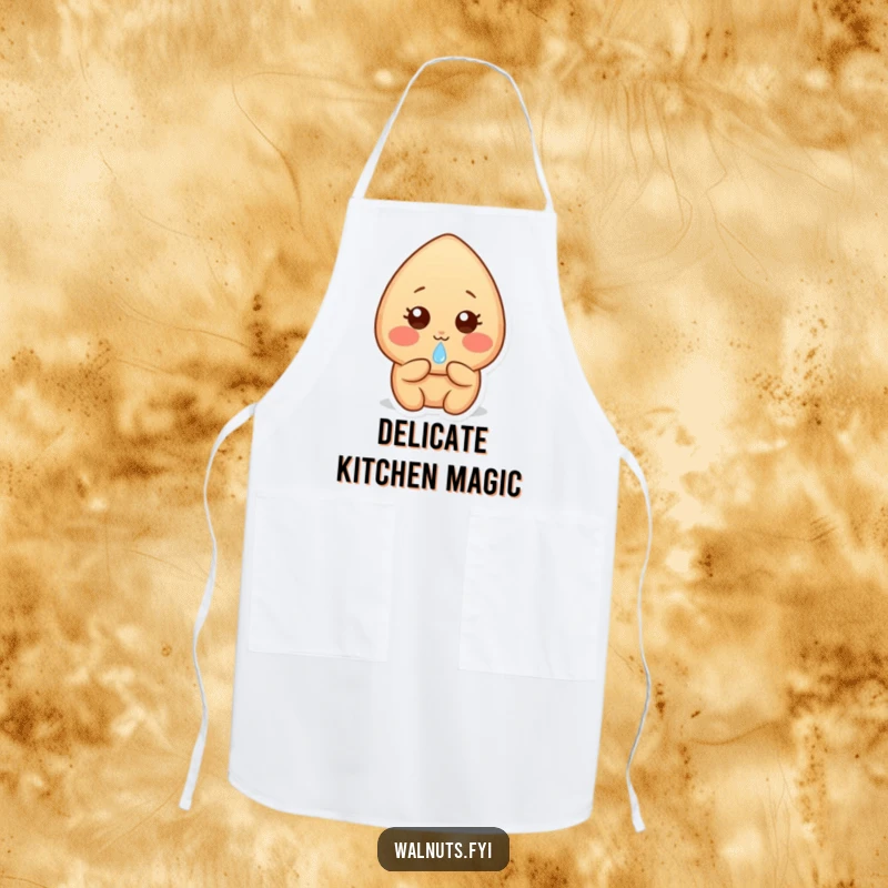Funny light brown almond character in an apron, shyly offering a dewdrop, ready to add gentle charm to the kitchen.