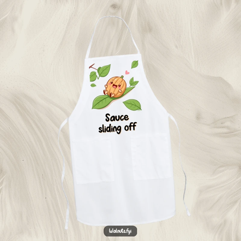Funny Sliding Walnut Apron, a delighted walnut character sliding down a leafy slope, a humorous and protective garment.