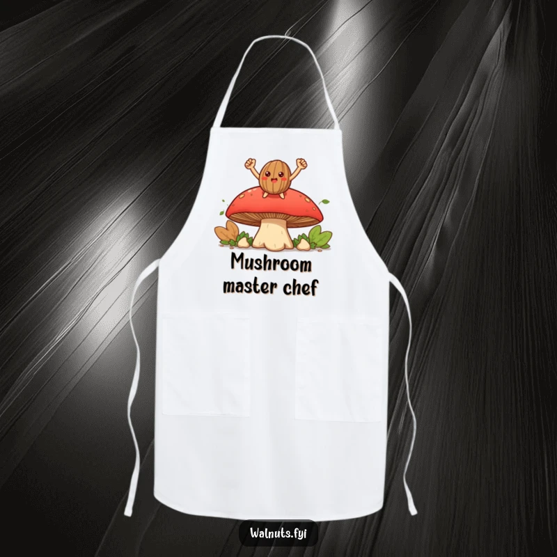 Funny smiling walnut character triumphantly perched on a large mushroom on a durable and humorous cooking apron.