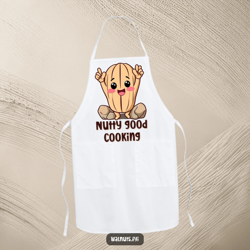 Funny Walnut Apron: Cheerful anthropomorphic walnut celebrates climbing, humorous kitchen wear.
