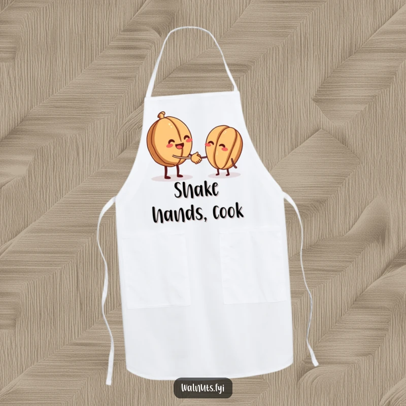 Funny apron depicting a beaming walnut offering a tiny handshake to another walnut, perfect for a friendly kitchen.