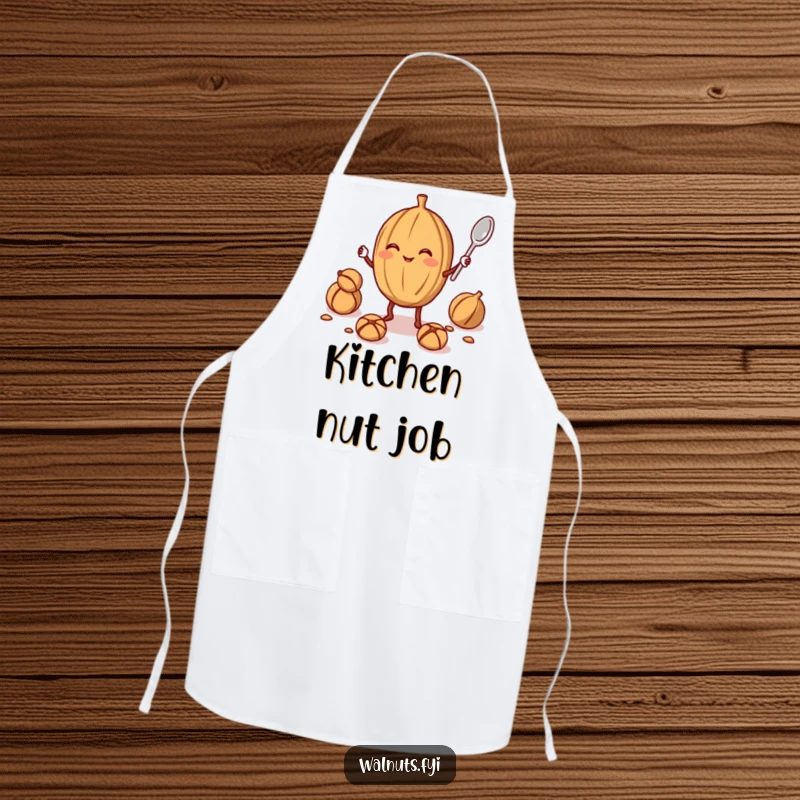Funny walnut juggler apron depicting a smiling walnut juggling a smaller walnut and a spoon, ideal for humorous kitchen tasks.