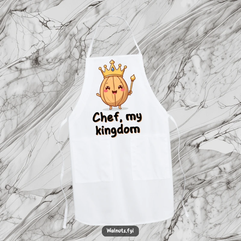 Funny Walnut King Apron showcasing a happy walnut wearing a crown and holding a scepter, prepared for culinary duties.