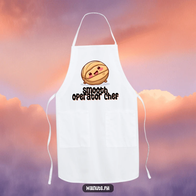Funny apron depicting a playful walnut joyfully sliding down a smooth surface, ready for kitchen antics.