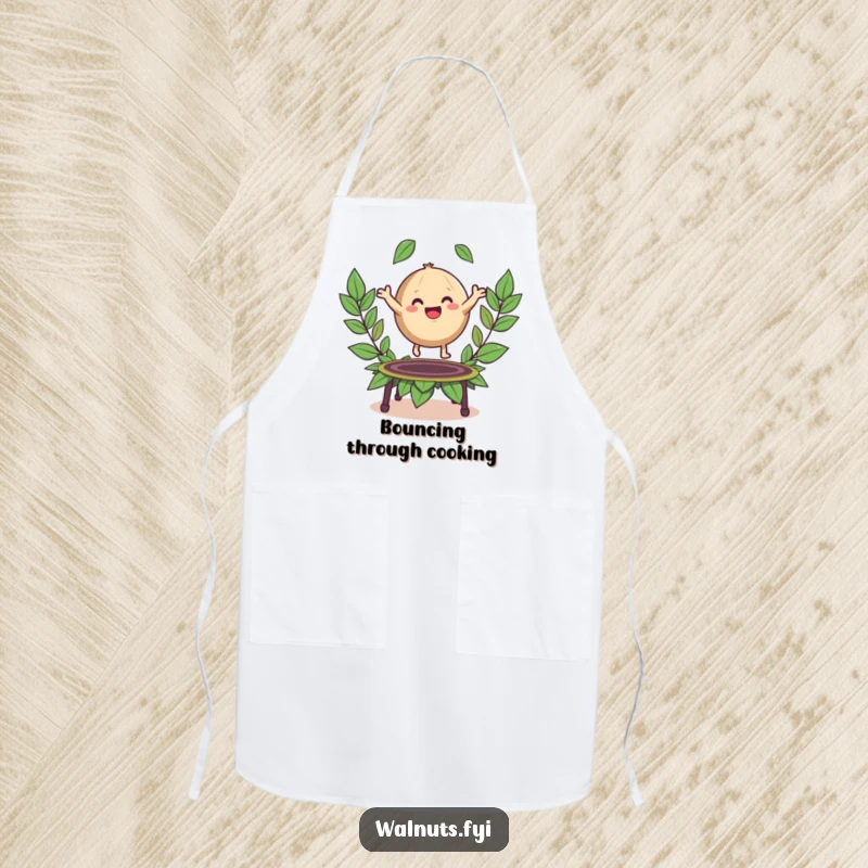 Funny cooking apron with a happy, round walnut character bouncing on a trampoline made of leaves.