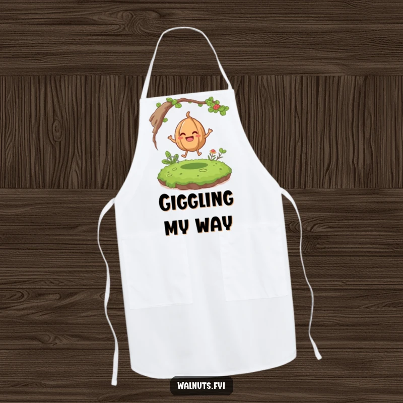 Funny giggling walnut character happily bouncing on a mossy patch on a durable and humorous cooking apron.