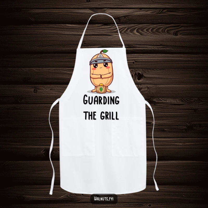 A determined round Brazil nut with crossed arms stands guard over a small treasure on this humorous apron.