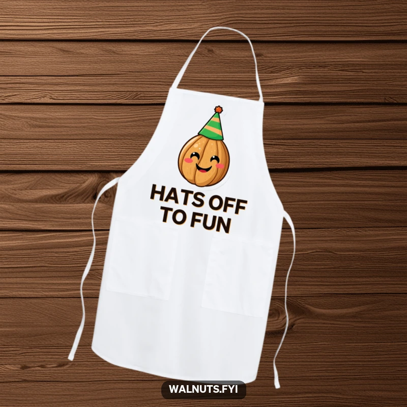 Funny apron showcasing a cheerful walnut wearing a party hat, perfect for cooking and adding humor to the kitchen, a funny gift.