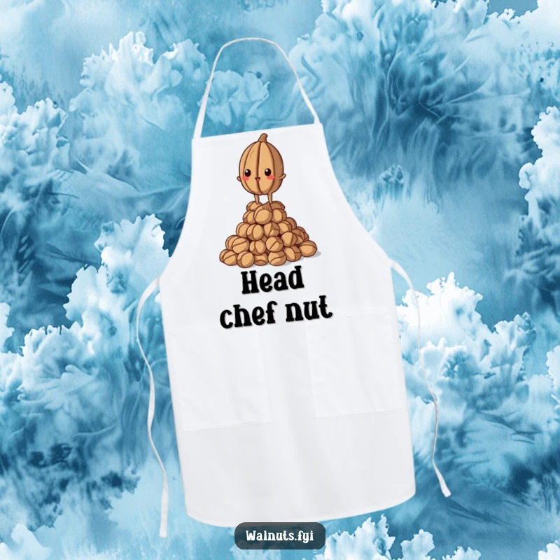Funny Walnut Apron: Proud walnut standing tall on a pile, symbolizing kitchen authority, funny gift.