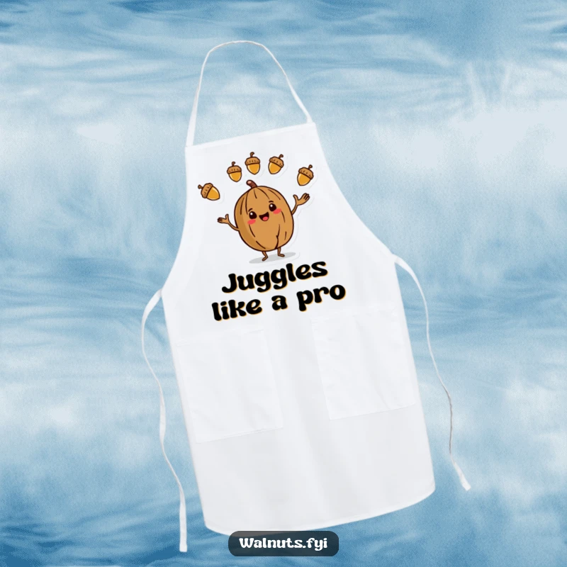 Funny Apron showcasing a stylized walnut character skillfully juggling three colorful acorns, ready for kitchen acrobatics.