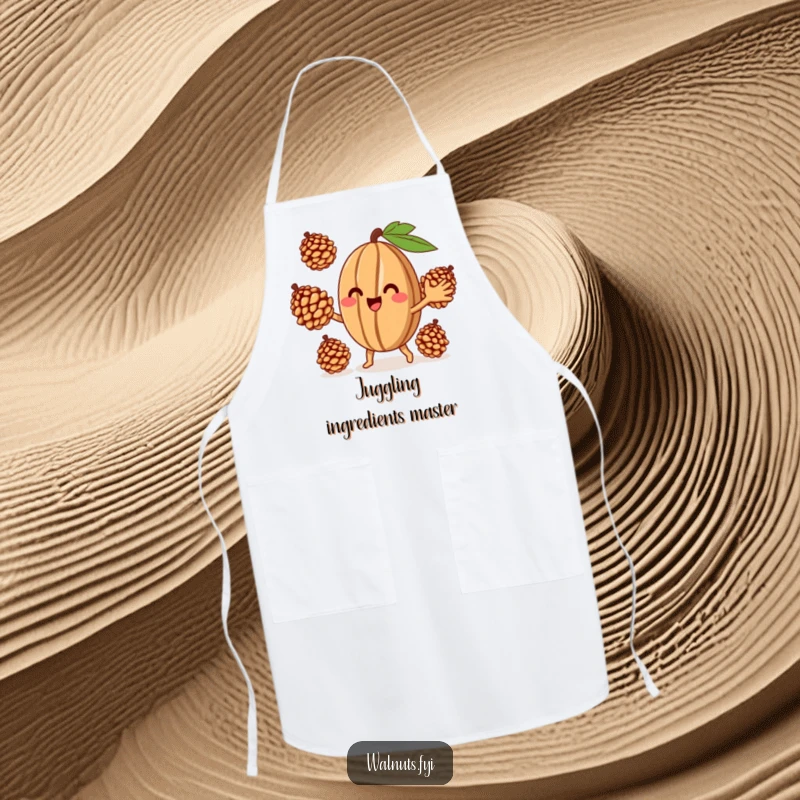 Funny Juggling Walnut Apron, a smiling walnut juggling pinecones, a humorous and protective garment for kitchen fun.