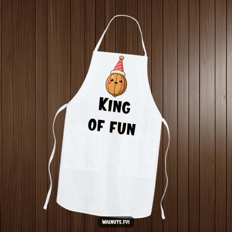 Funny Apron showcasing a kingly walnut complete with a silly party hat, ready to supervise kitchen activities with humor.