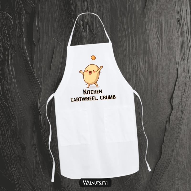 Funny apron with a silly Brazil nut doing a cartwheel, a crumb flying off, perfect for kitchen antics.