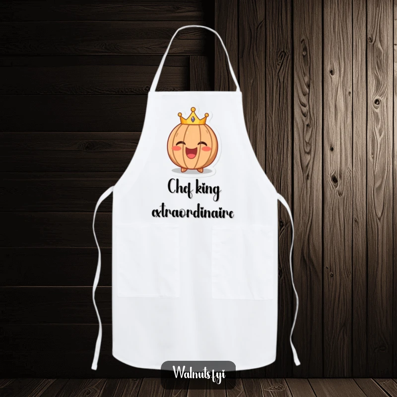 Funny apron with a laughing walnut character wearing a tiny crown, ideal for kitchen tasks and protecting clothes with style.